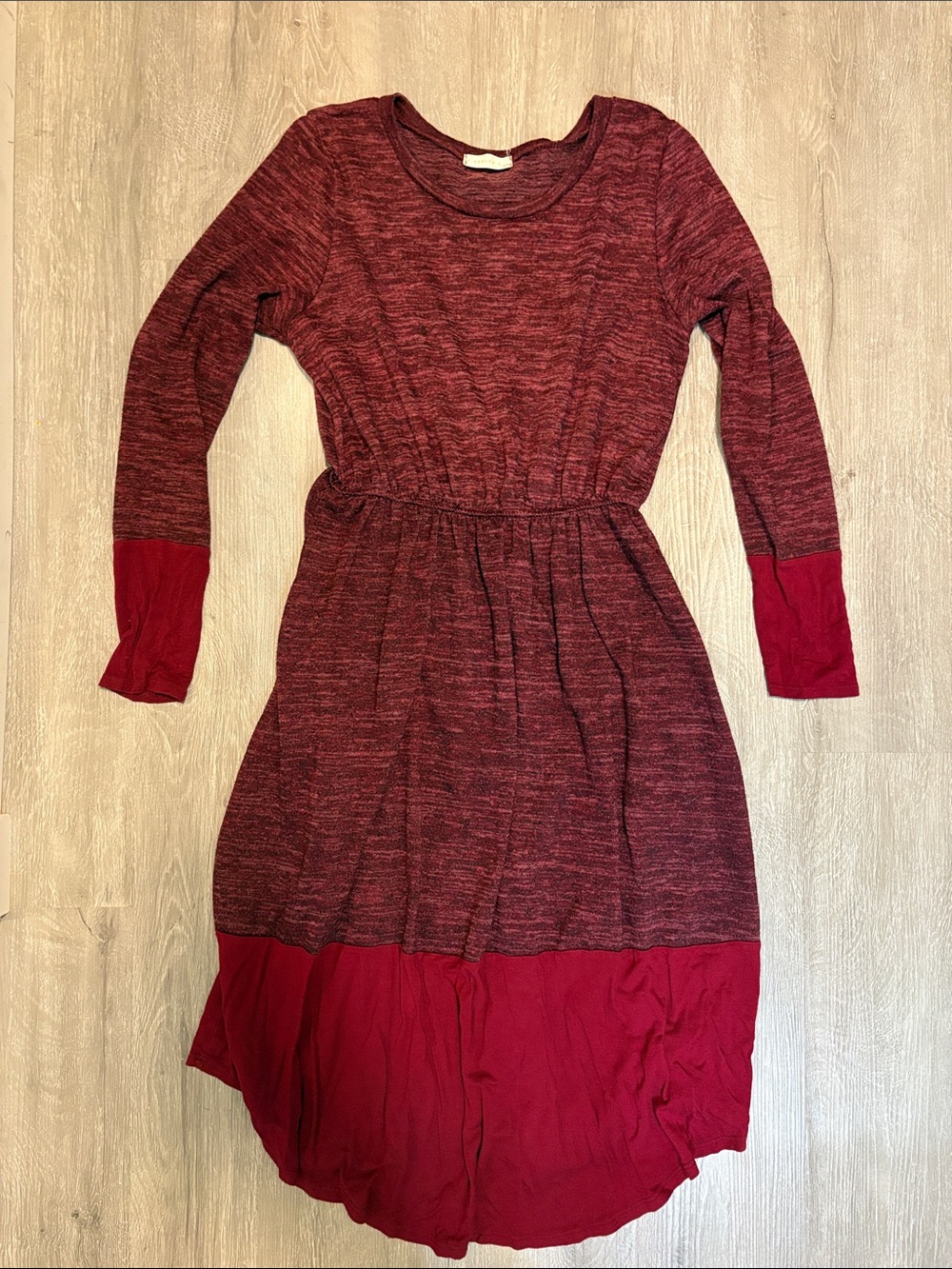 Reborn J Marled Burgundy Long Sleeve Knit Dress with Contrast Hem